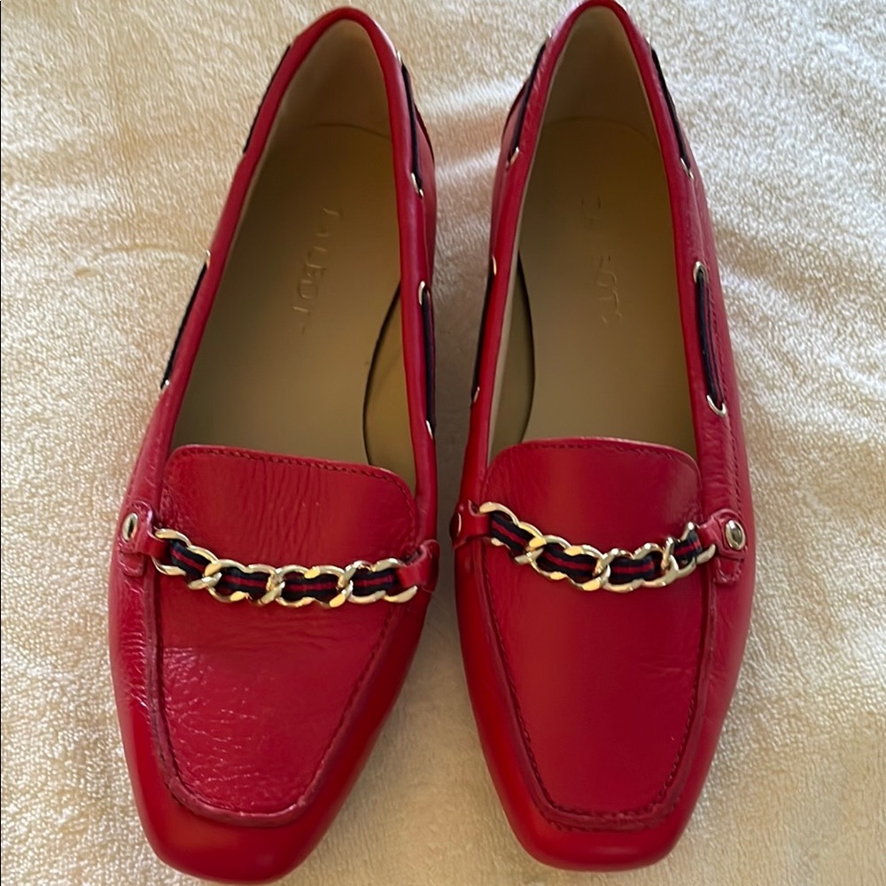 Talbots Red Leather Loafers with Chain Detail